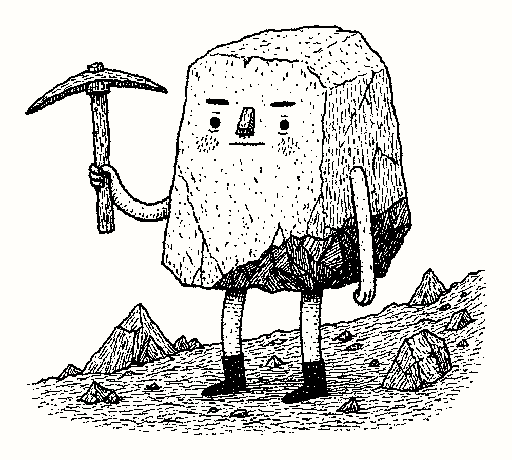 The Autolith mascot, rendered in black ink and bitmap dither on paper