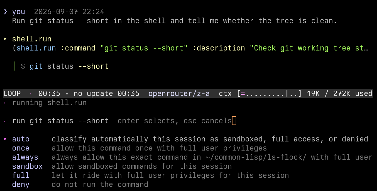 The model asks to run git status --short; the approval picker offers auto, once, always for this directory, sandbox, full, and deny