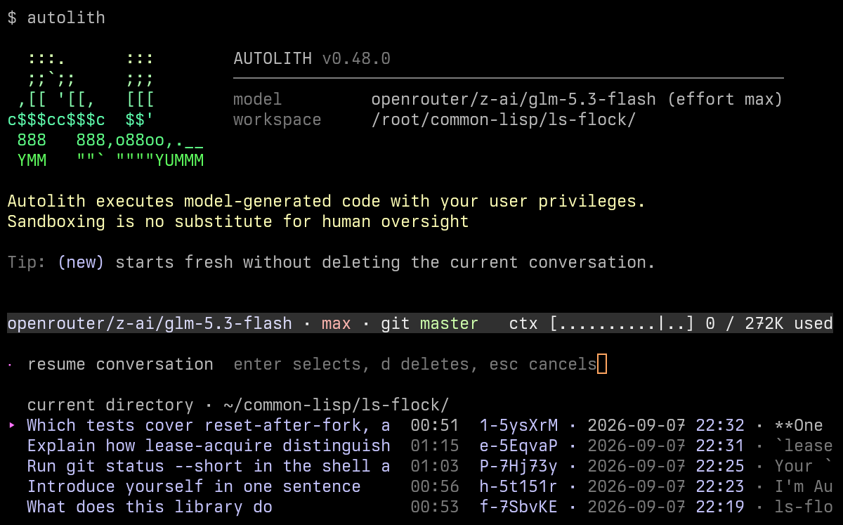The resume picker inside a session: five saved conversations listed by title, working time, identifier, timestamp, and a preview of the last reply, with the newest selected