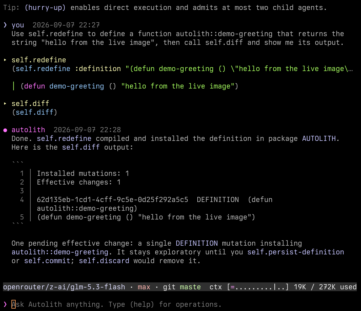 Asked to add a function through self.redefine and show self.diff, the agent installs the definition and reports one pending effective change: a DEFINITION mutation for autolith::demo-greeting