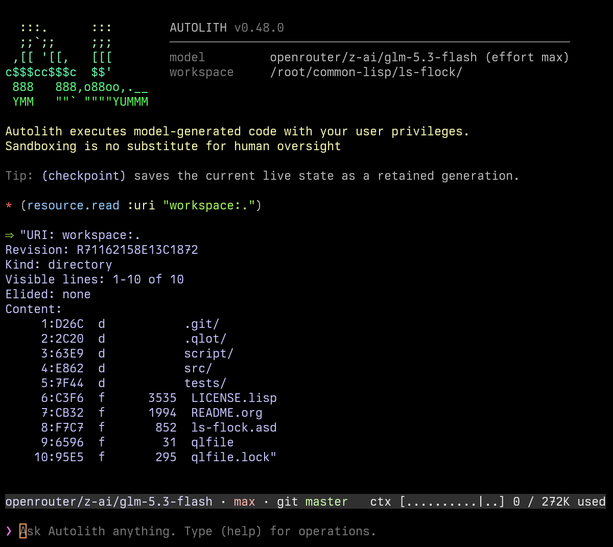 A Lisp form typed at the prompt reads the workspace root: the result lists the project's directories and files with kind, size, and per-line hashes under a revision identifier